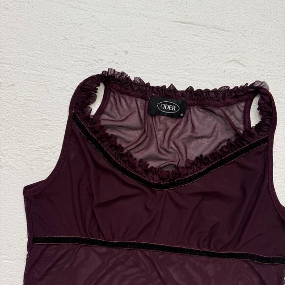 Cider Mesh Velvet Trim Crop Top Sheer Stretchy Burgundy M-L - Picture 2 of 5
